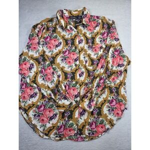 Hunters Run Womens L Floral Button Down Blouse Rayon Boho Baroque Cottagecore
